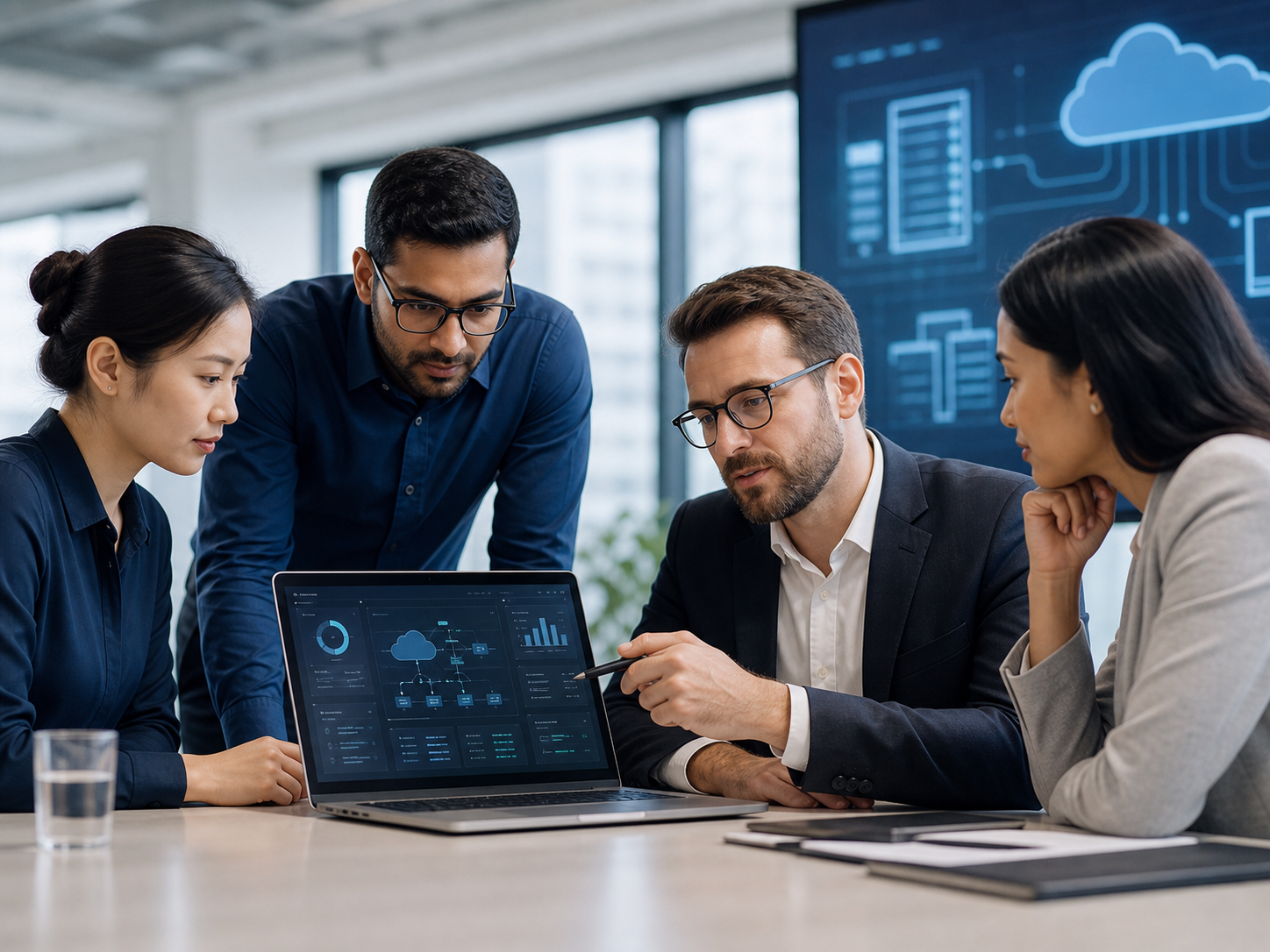 Technology consultants reviewing a business IT dashboard