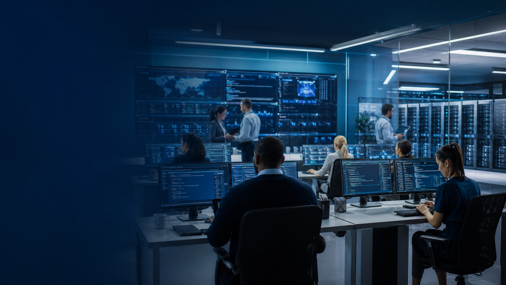 Engineers monitoring software and server operations in a modern technology workspace