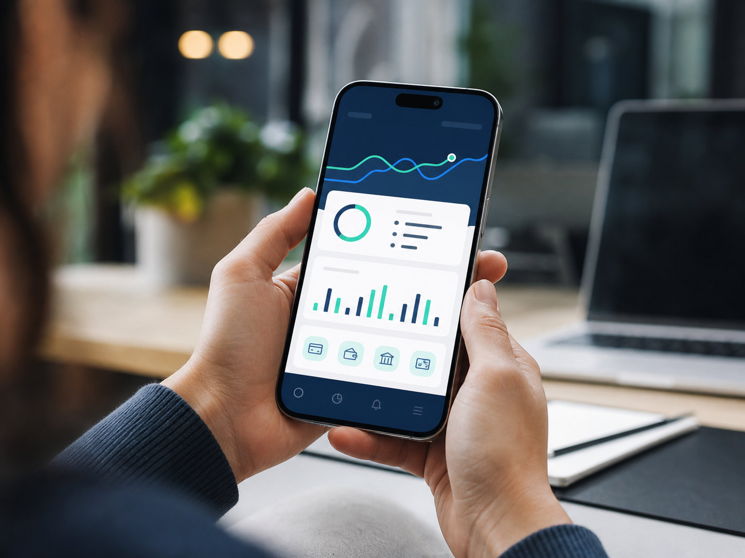 A mobile business app dashboard displayed on a smartphone