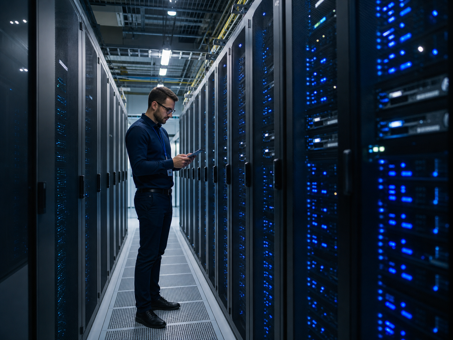 Technician managing servers inside a secure data center